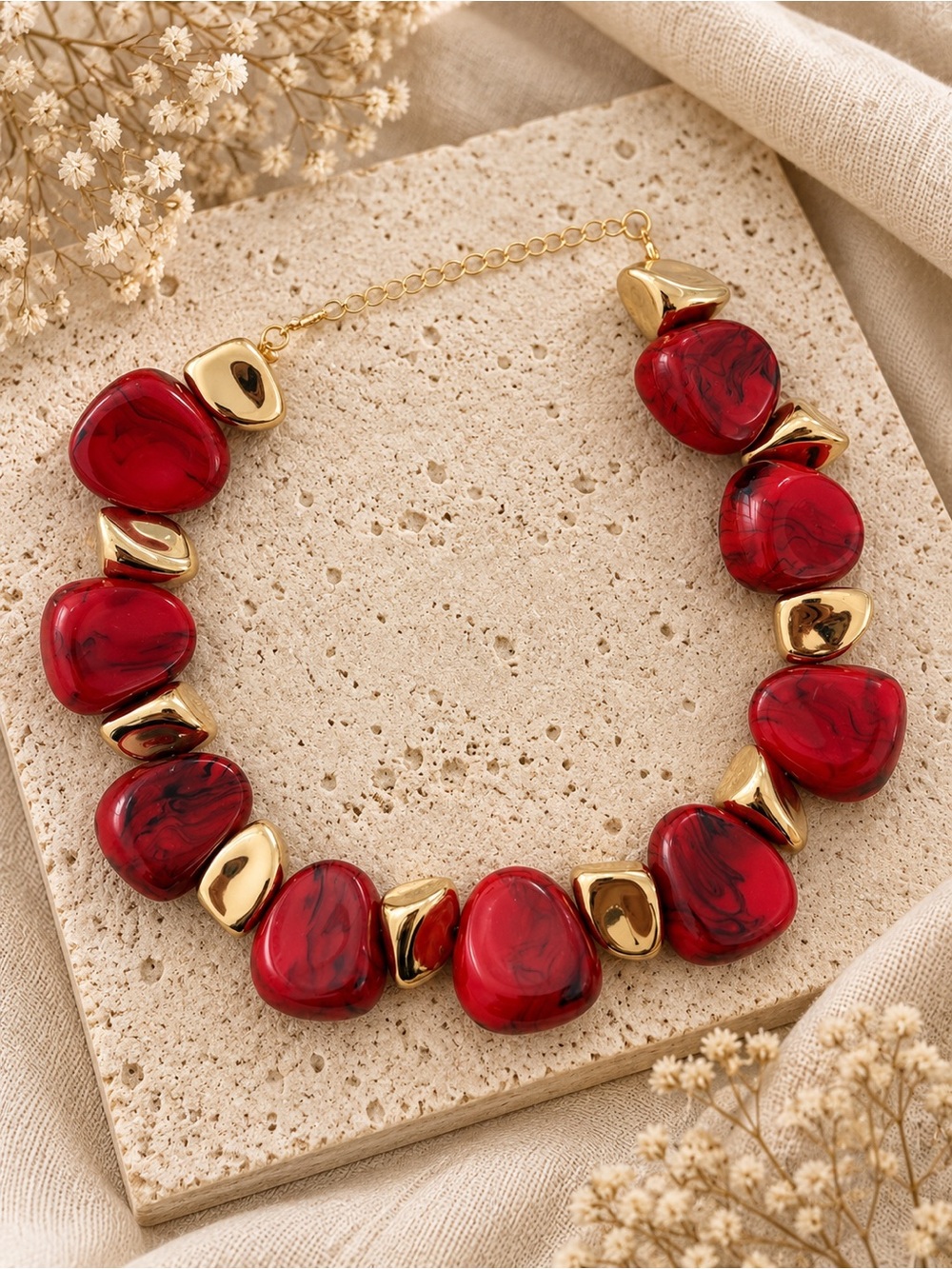 Acrylic Gold & Red Statement Necklace